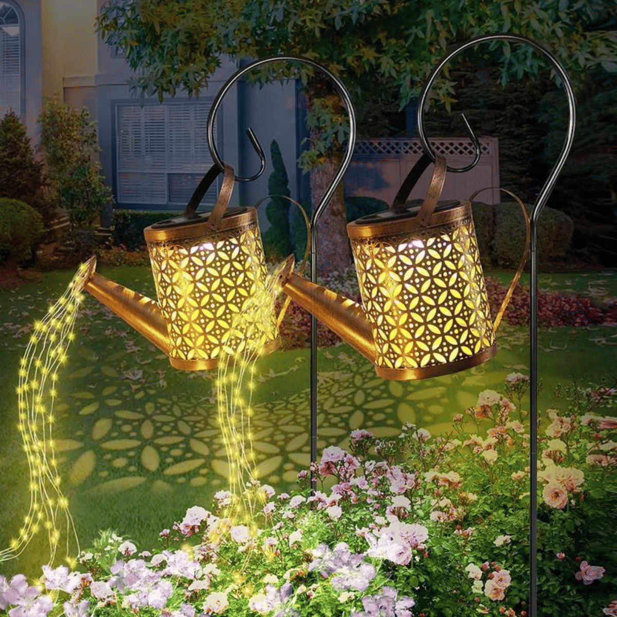Outdoor Solar Watering Can Lantern String Lights Garden Decor Waterproof Metal Kettle