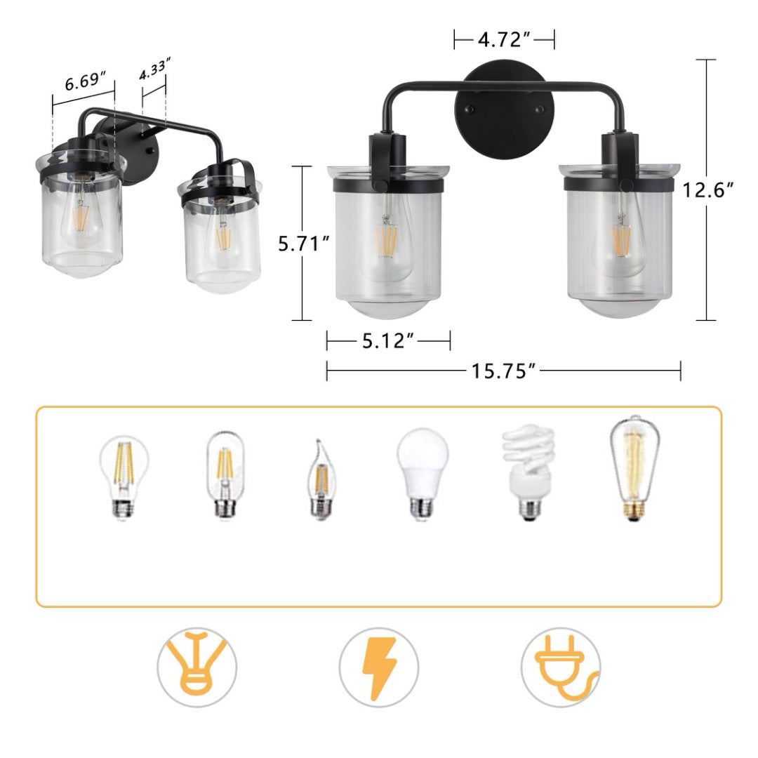 Modern Black Wall Sconce Light with Clear Glass Shade - Indoor Indoor Fixture for Bathroom Bedroom Living Room Kitchen Sink - E26 Socket