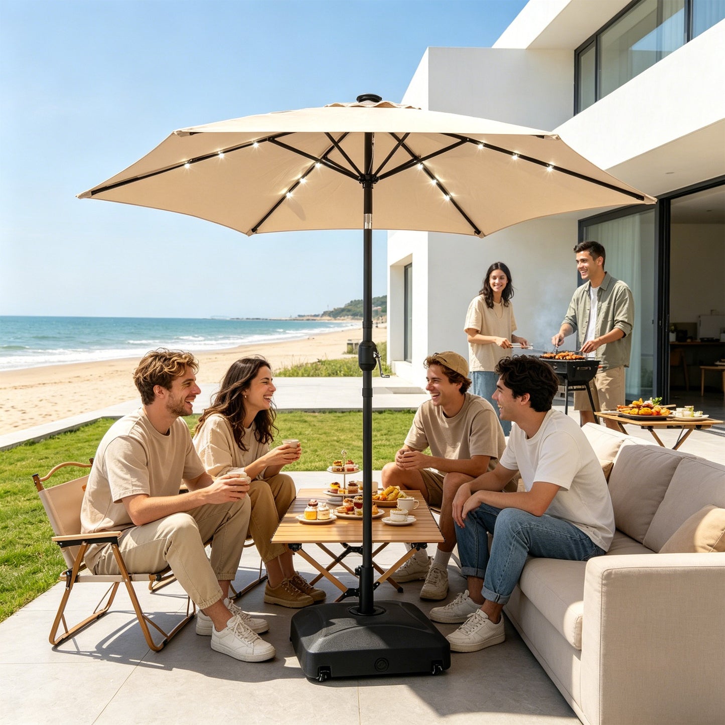 9ft Waterproof Solar LED Patio Umbrella with Tilt & Crank - Beige