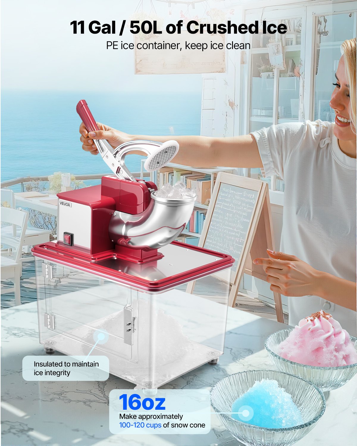 Red Commercial Ice Crusher 661LBS/H Electric Snow Cone Maker Shaved Ice