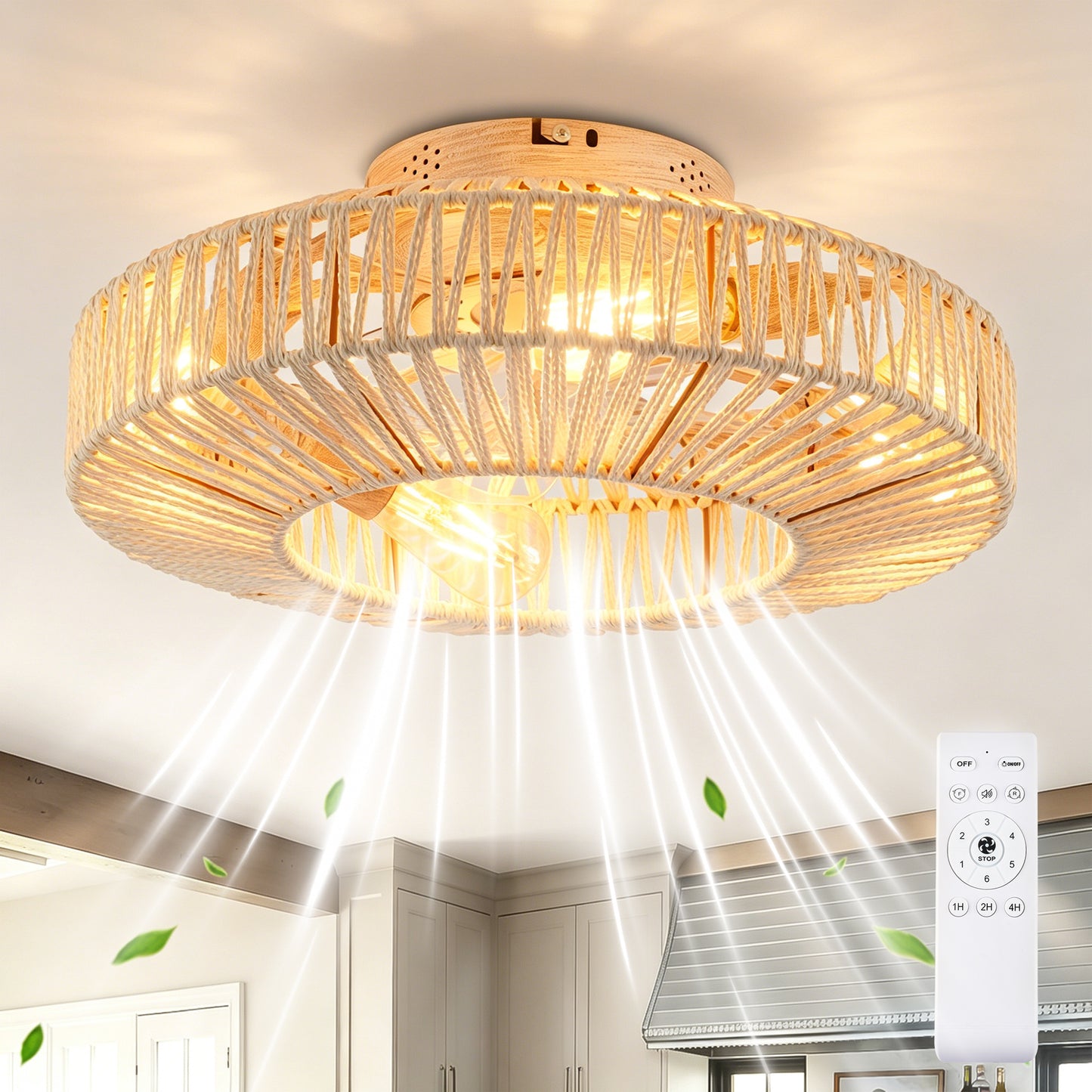 20" Rope Caged Ceiling Fan with Remote - Matte White