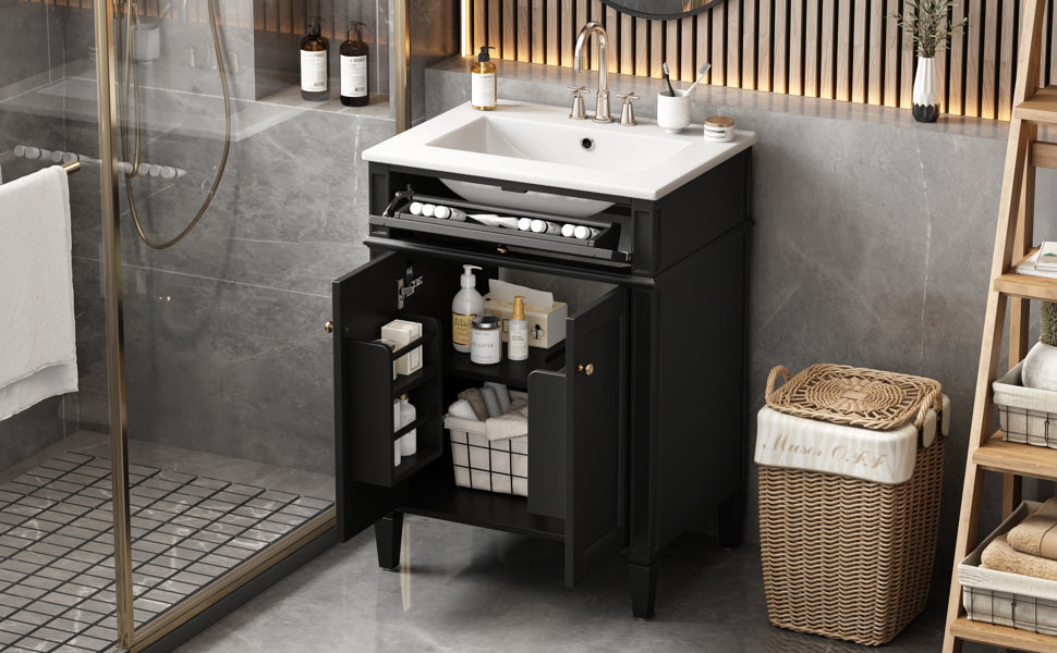 24" Black Bathroom Vanity with Soft-Close Doors & Storage