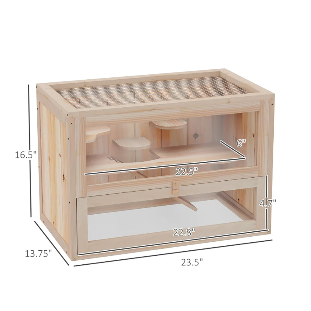 2-Level Small Animal Cage for Hamsters Mice Rodents with Open Top & Ramps - Nature Wood