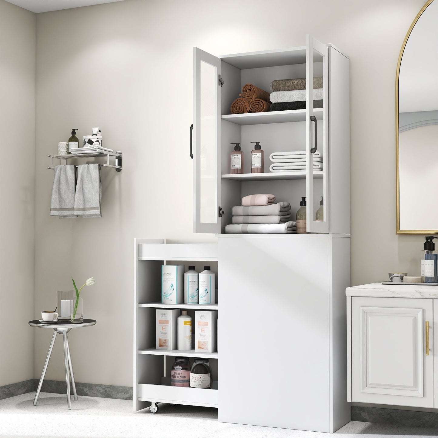 Modern 70.87" H White Display Storage Cabinet with Glass Doors