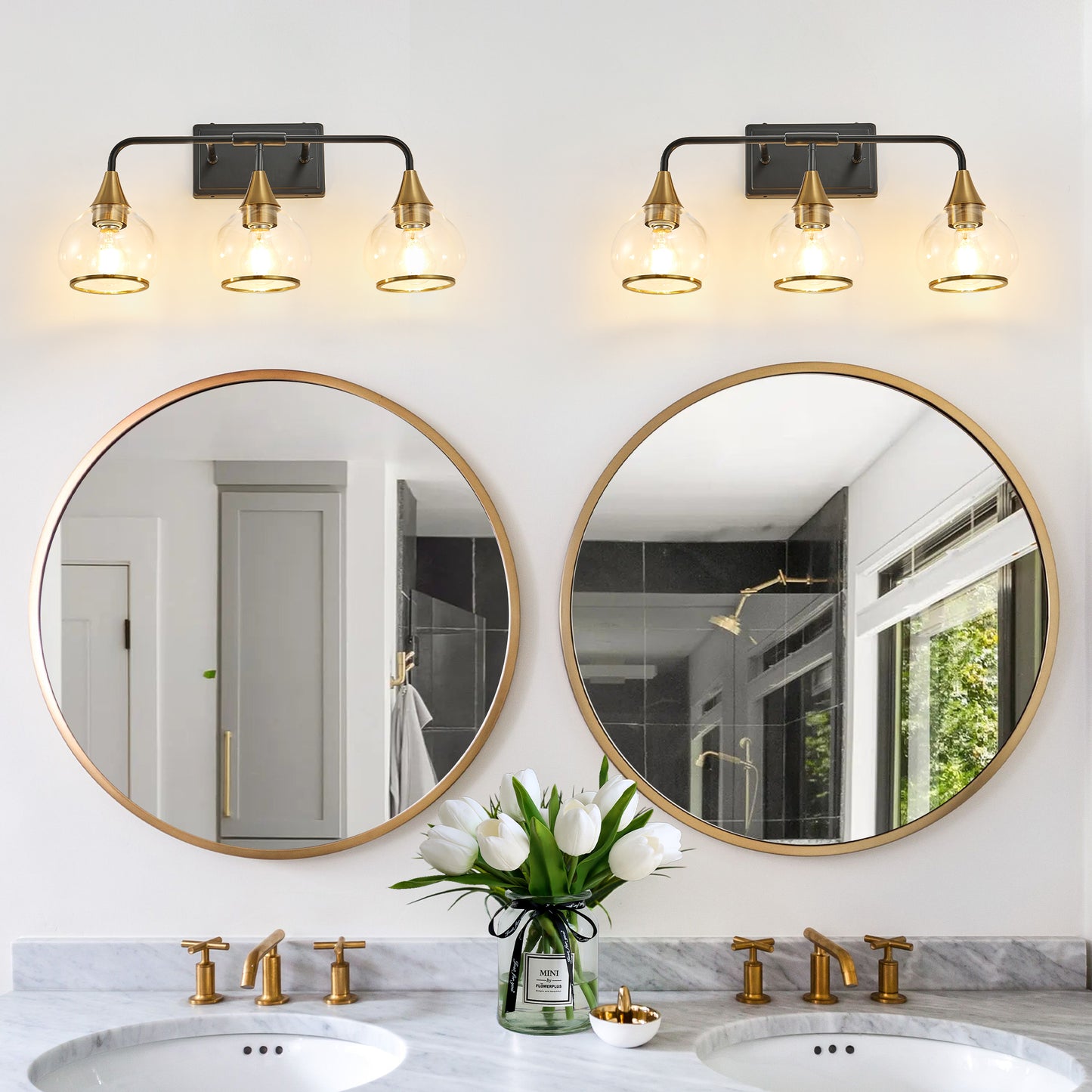 Modern 23in Black and Gold Wall Sconce with Clear Glass Shades - Vanity & Bathroom Light Fixture