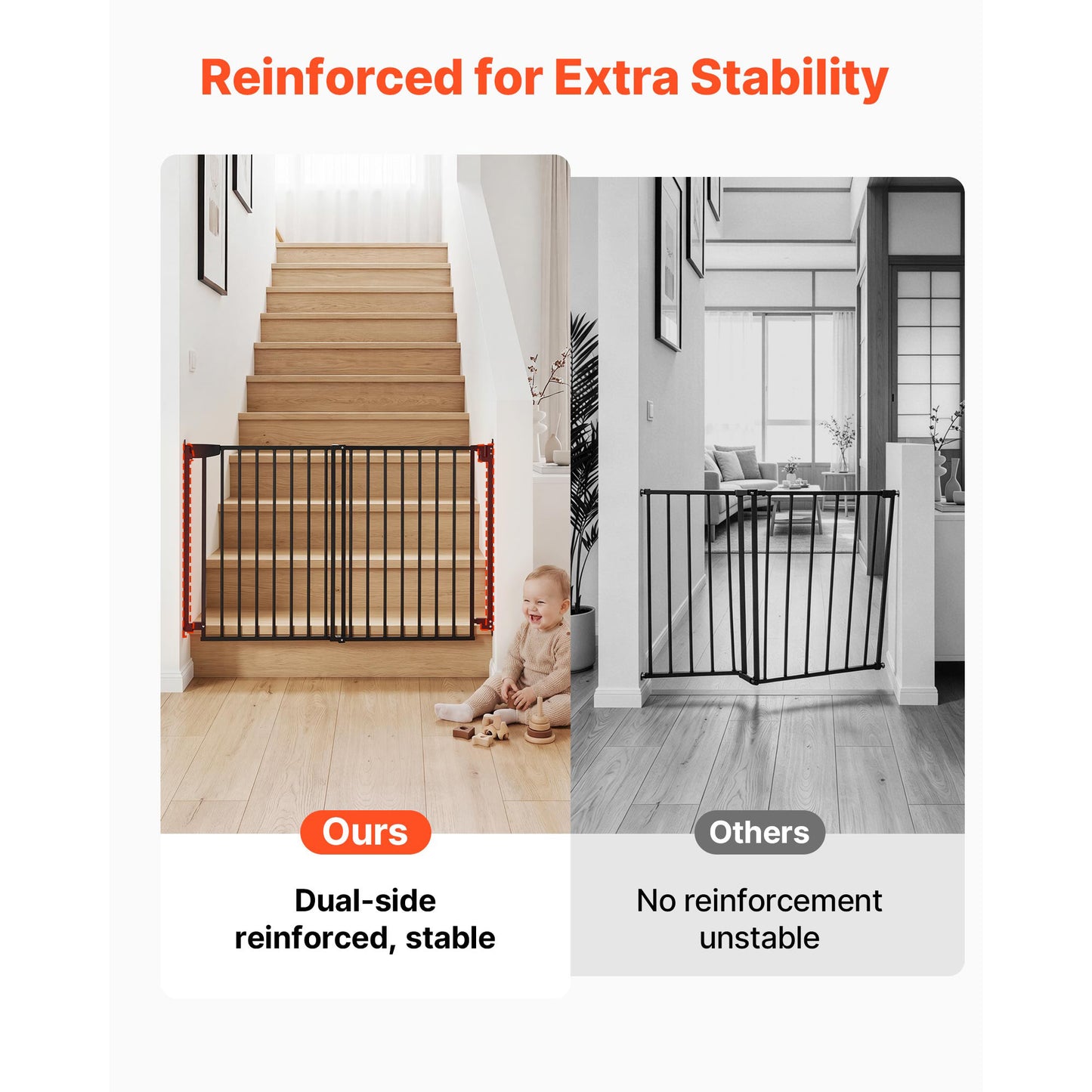 Adjustable Baby & Pet Safety Gate for Stairs & Doorways - Black, No Bottom Bar, One-Handed Operation