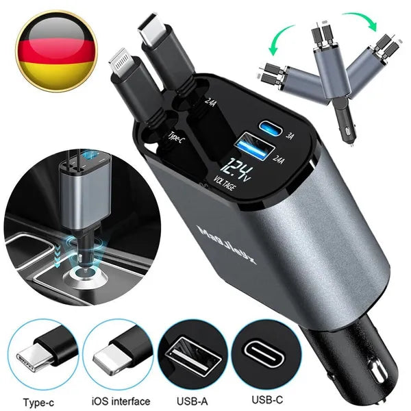 Car USB Fast Charger 120W 4-Port with Retractable Cables & Adjustable Angle