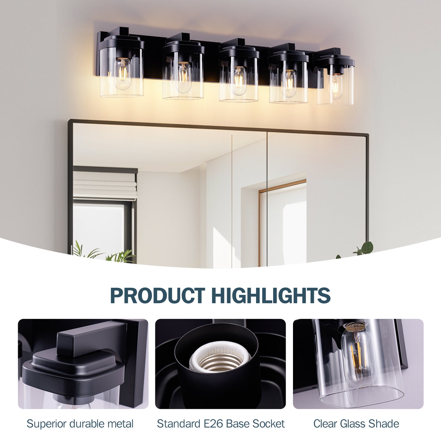 5-Light Matte Black Bathroom Vanity Light Fixture with Clear Glass Shades, Over Mirror Wall Sconce, No Bulbs Included