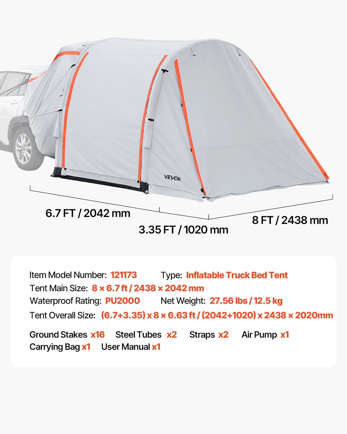 Inflatable SUV Tent with Awning - Waterproof Tailgate Camping Shelter 8x6.7 ft