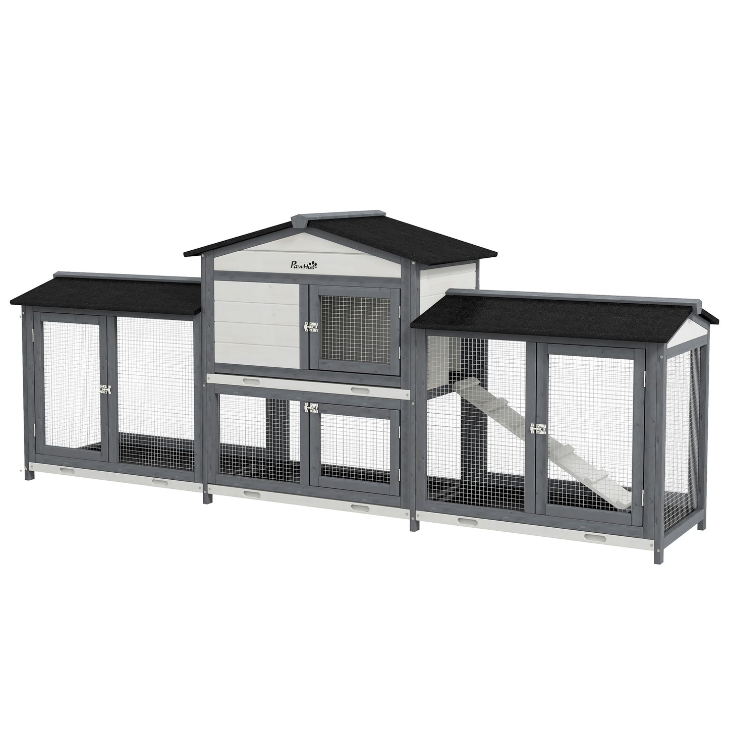 Wooden Rabbit Hutch with Run and Ramp, Outdoor Pet Cage for Small Animals