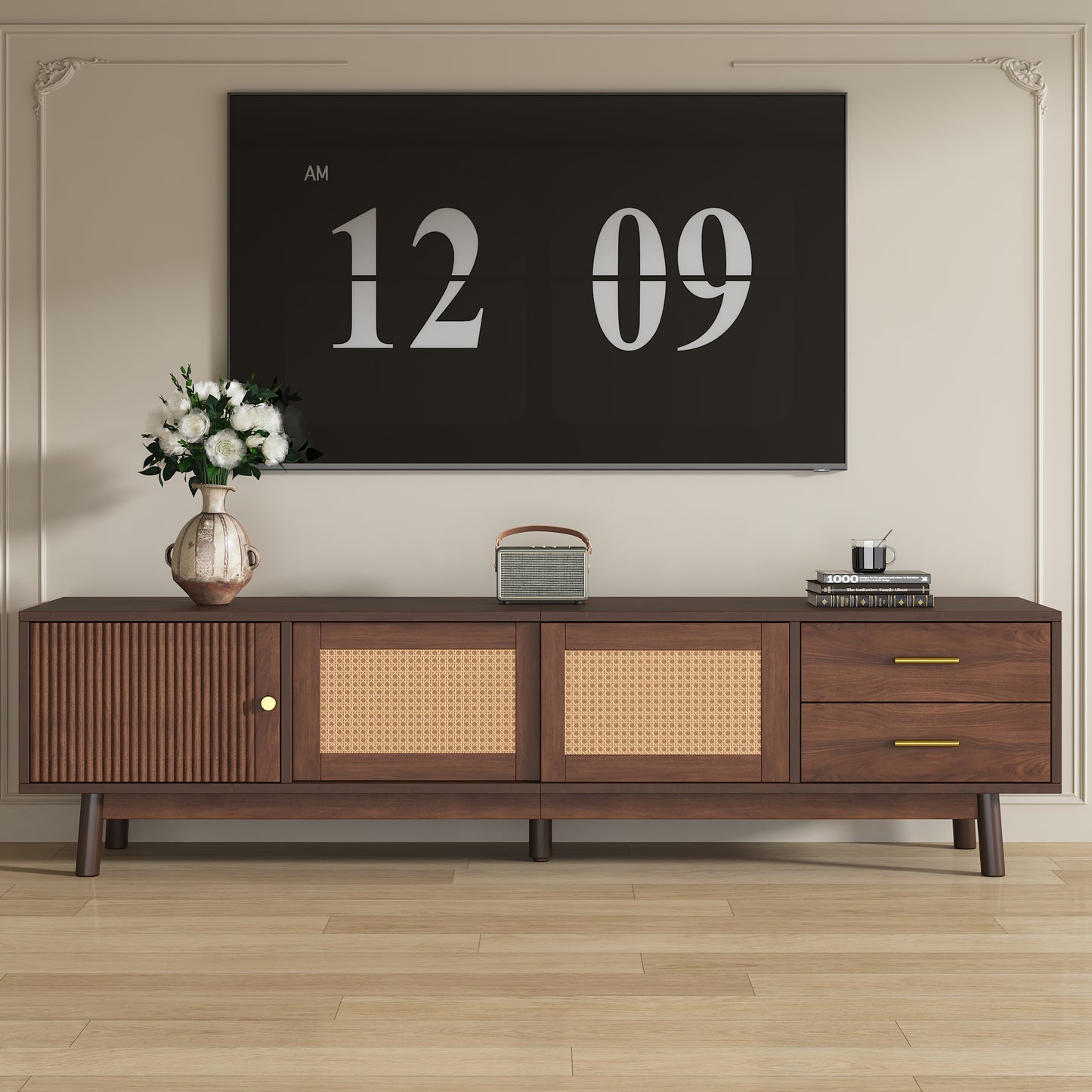 Mid Century Modern TV Stand for 80" TVs - Dark Brown Storage Center