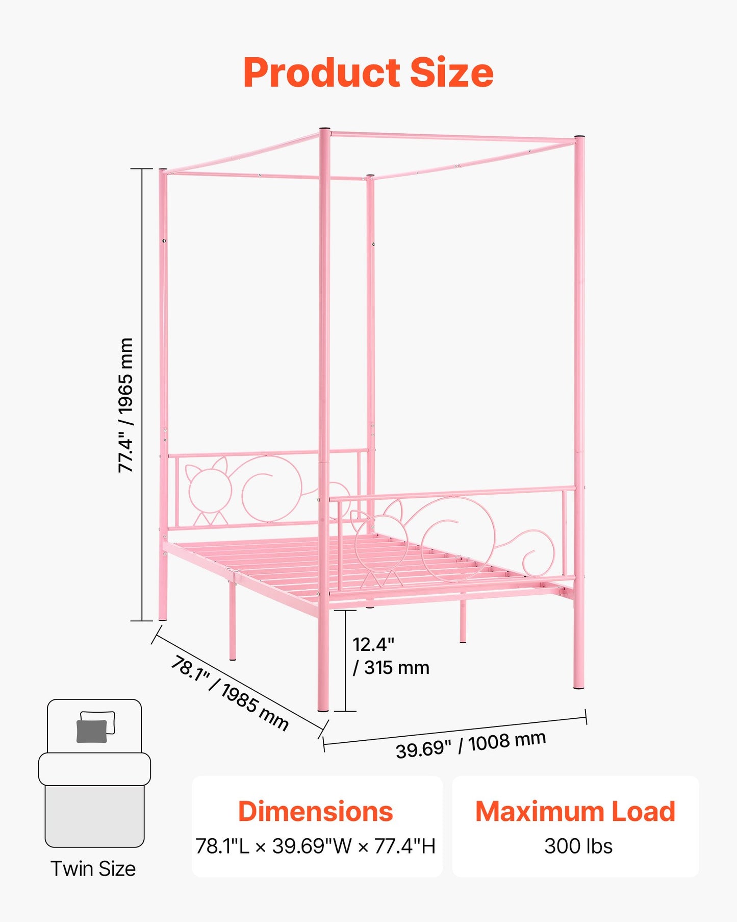 Twin Size Metal Canopy Bed Frame with Storage, Pink, Easy Assembly