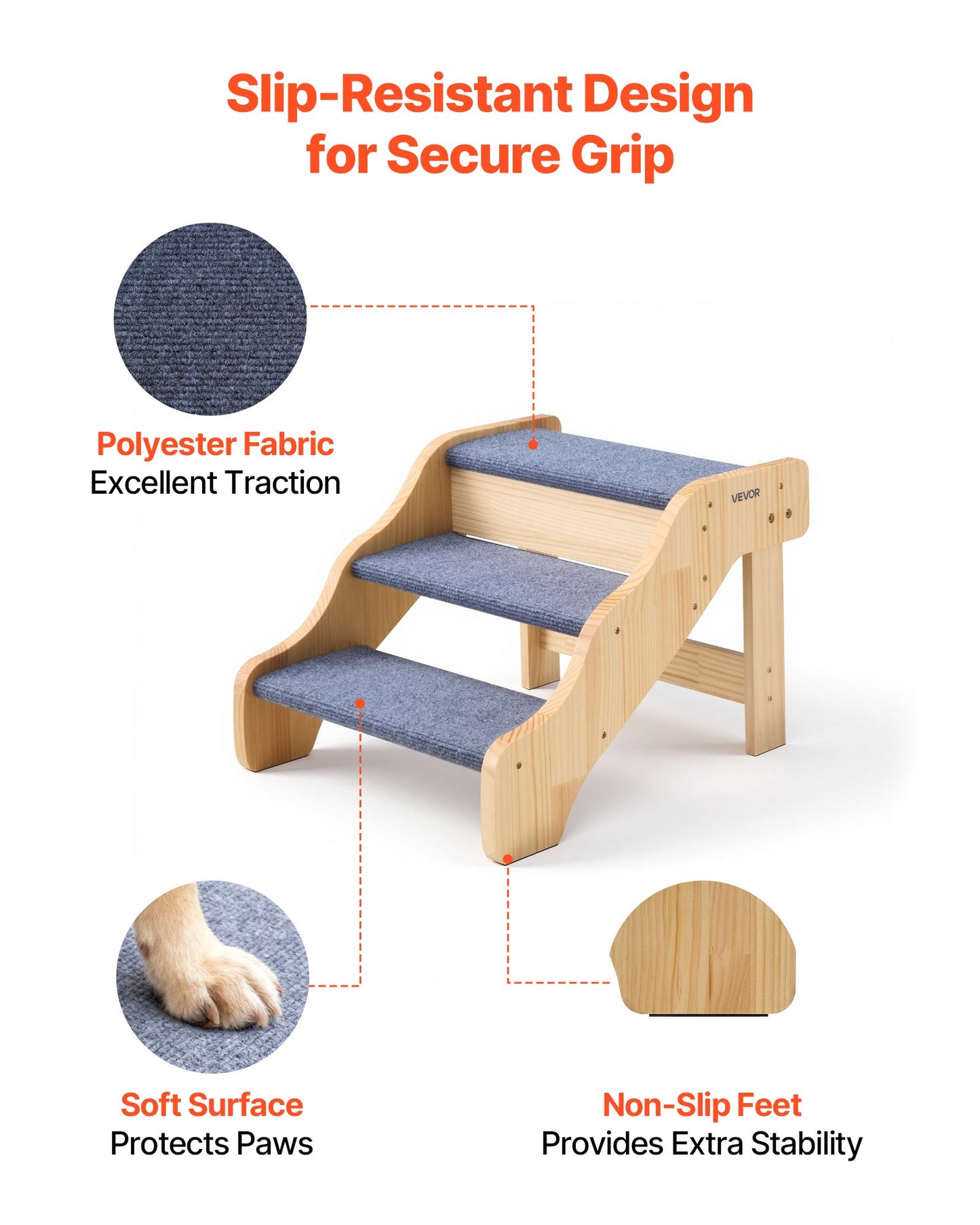 Wood Pet Stairs for Dogs & Cats - 3-Step Non-Slip Pet Ladder with 150lbs Capacity