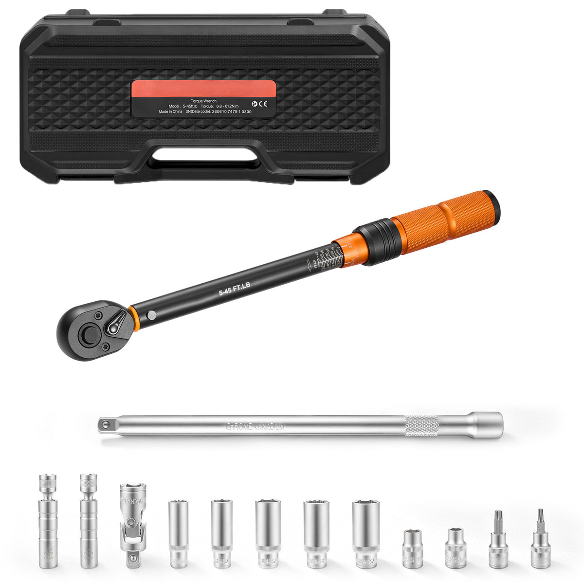 3/8-inch Drive Click Torque Wrench with Dual Scale and Accessories
