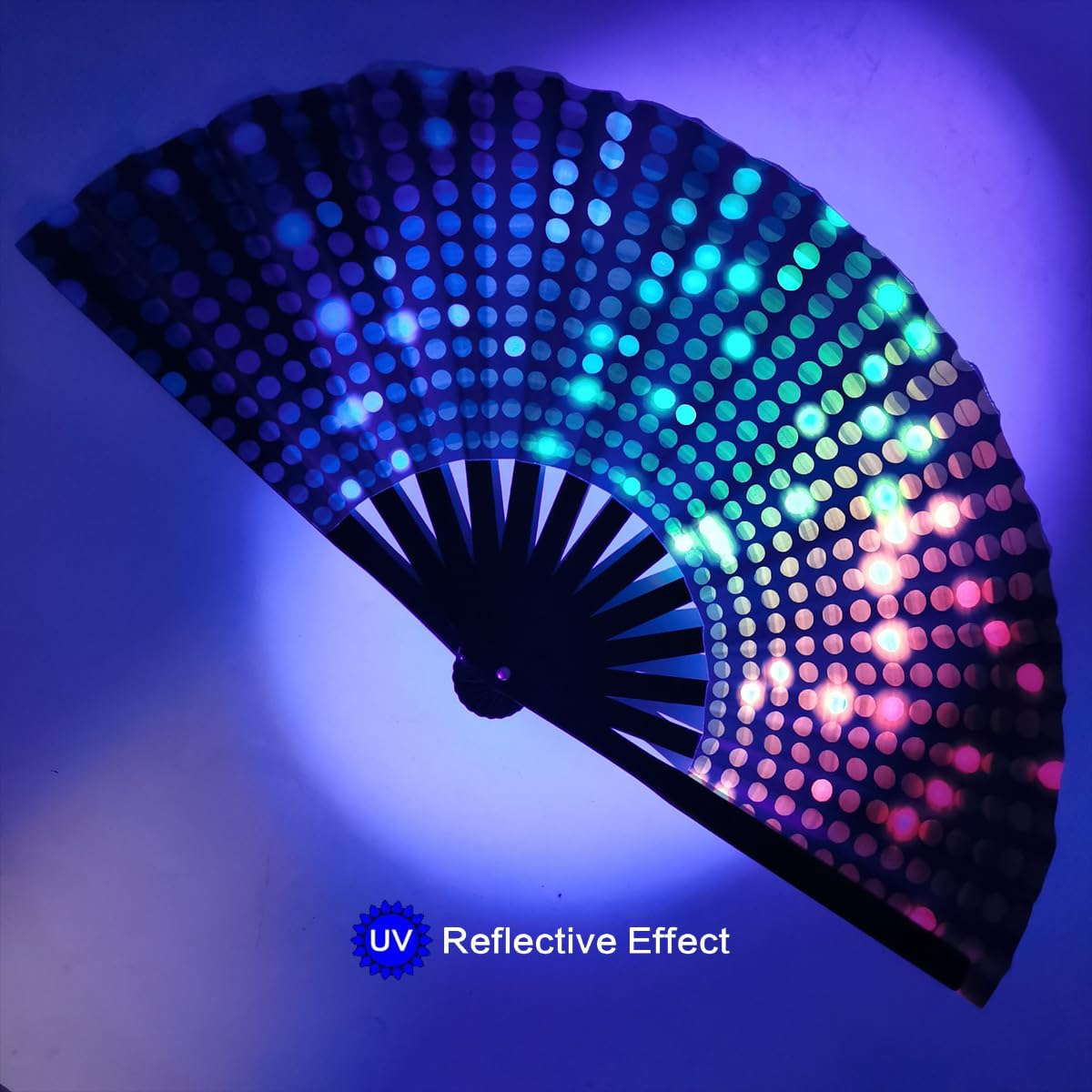 Large UV Glow Folding Fan - Bamboo Hand Fan with Polka Dots