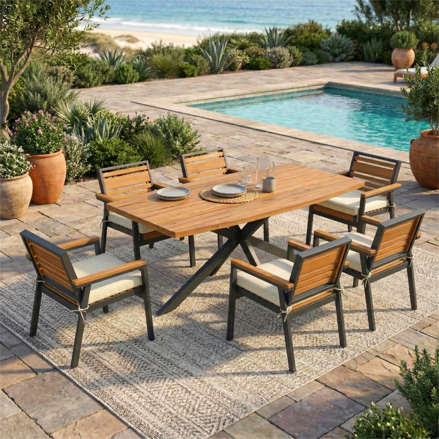 Modern 7-Piece Dining Set, Acacia Wood With Iron Frame, 6 Chairs