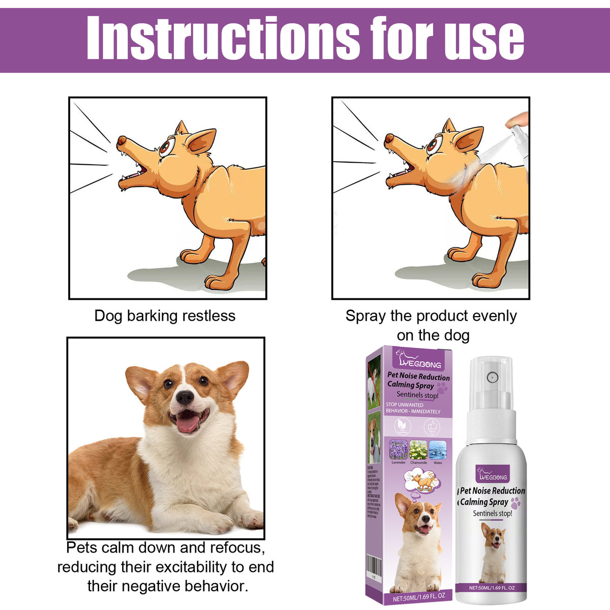 Pet Calming Spray for Dogs - Reduce Barking & Anxiety, Lavender Chamomile, 50ml