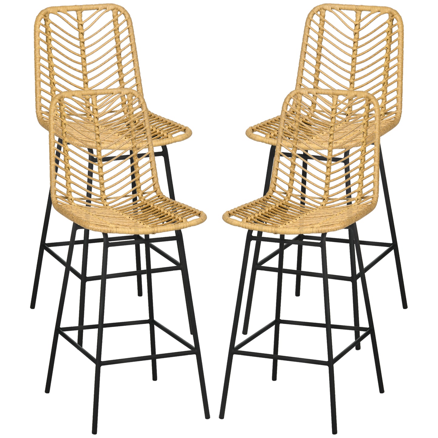 Set of 4 Yellow Rattan Bar Stools with Steel Legs & Footrest