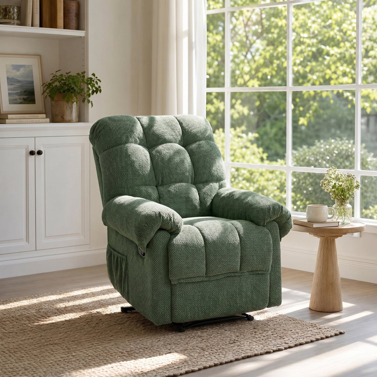 Overstuffed Ergonomic Recliner Chair - Army Green Fabric