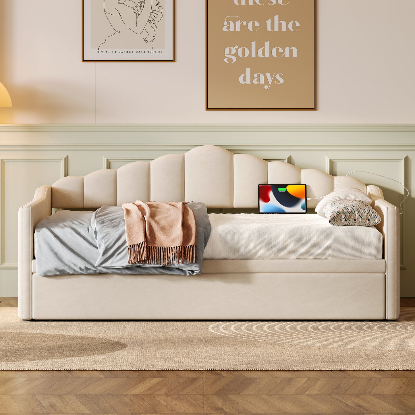 Upholstered Twin Size Daybed With Adjustable Height Pop Up Trundle