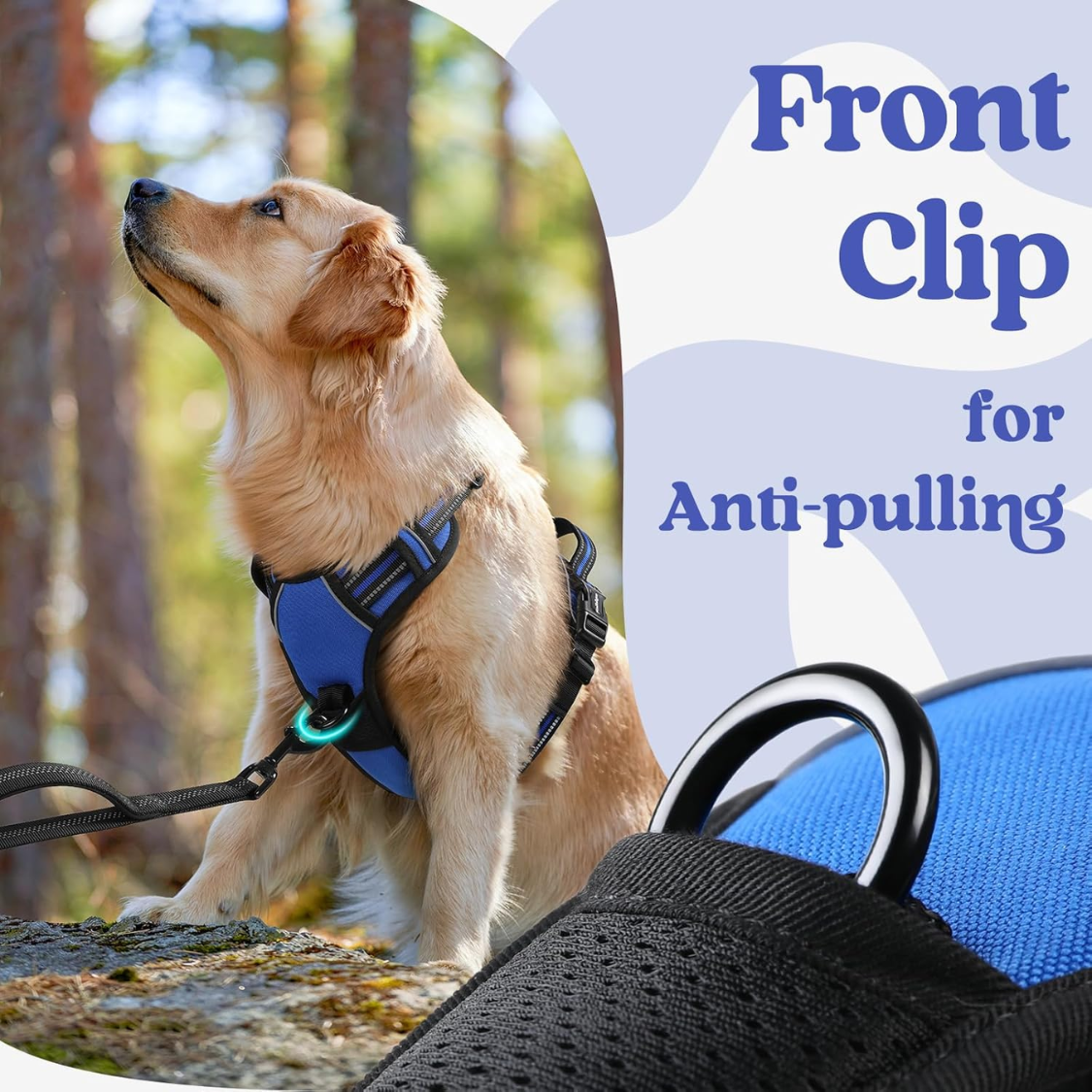 Large No Pull Dog Harness with Reflective Strips, Adjustable Soft Walking Vest, 3 Buckles, Handle & 2 Clips, Blue, L
