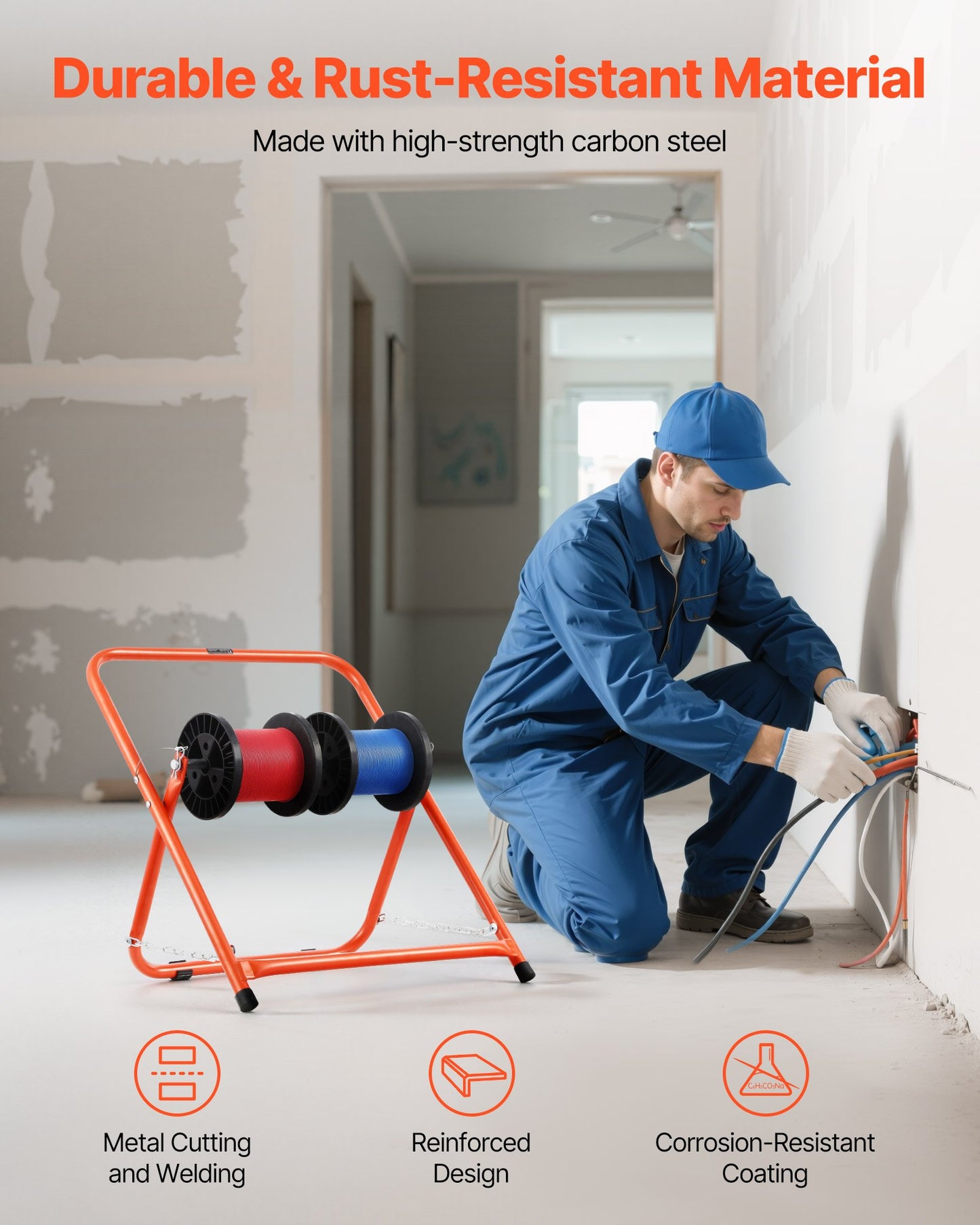 Heavy Duty Foldable Wire Spool Rack - Cable Caddy for Electrical & Industrial Use - Orange