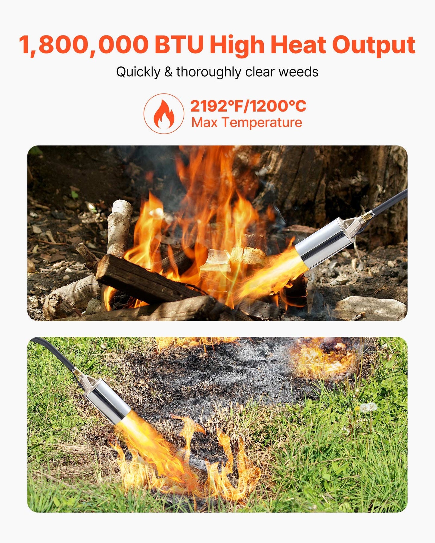 Propane Weed Torch Burner 1.8 Million BTU with 10 Ft Hose - Portable Garden Tool