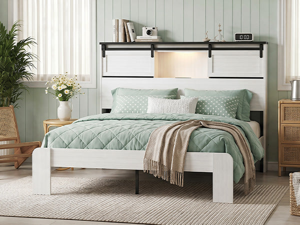 Farmhouse Queen Size Bed Frame with Storage & USB Charging