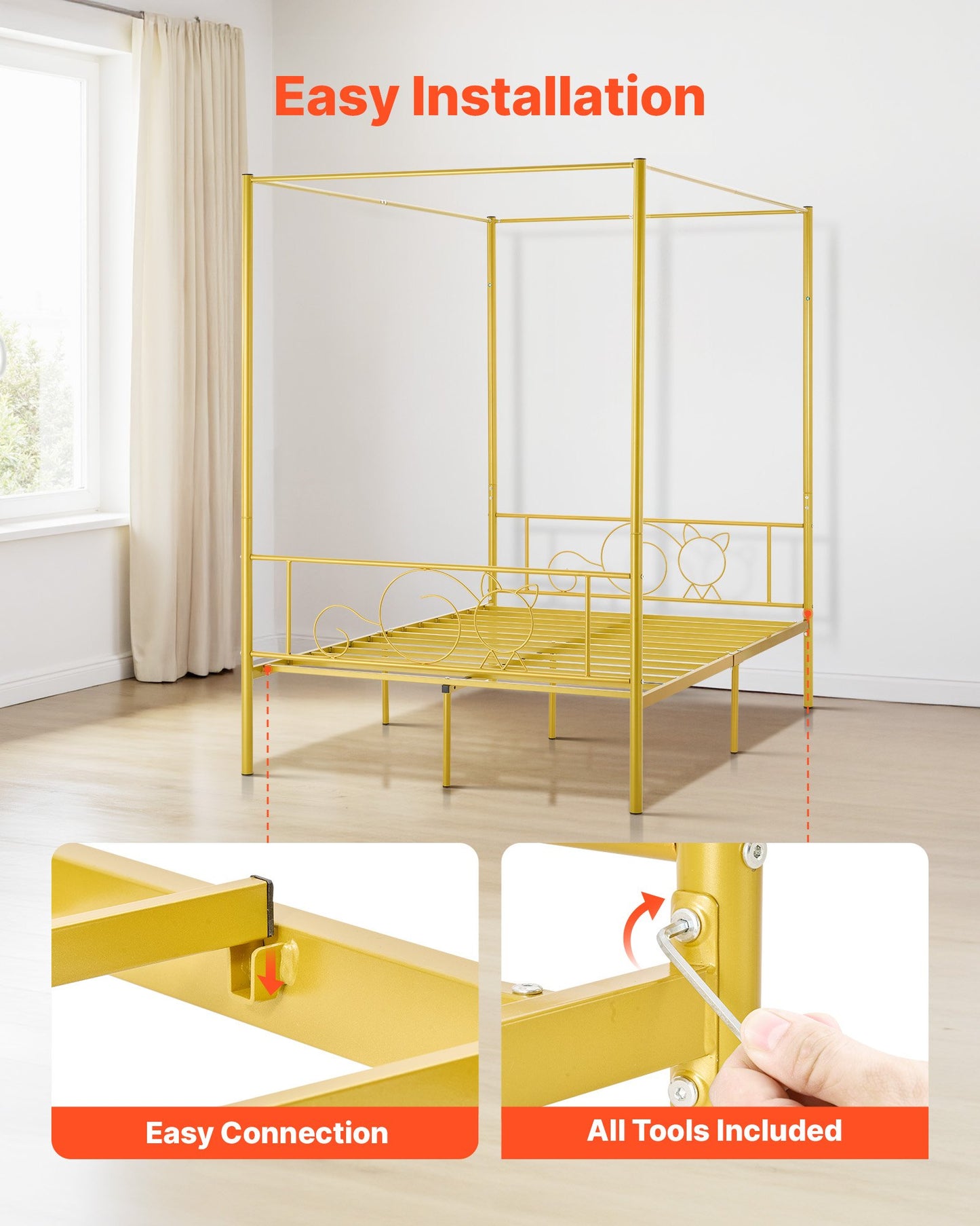 Full Size Metal Canopy Bed Frame with Storage, Heavy Duty Steel Support, Easy Assembly, Gold Finish