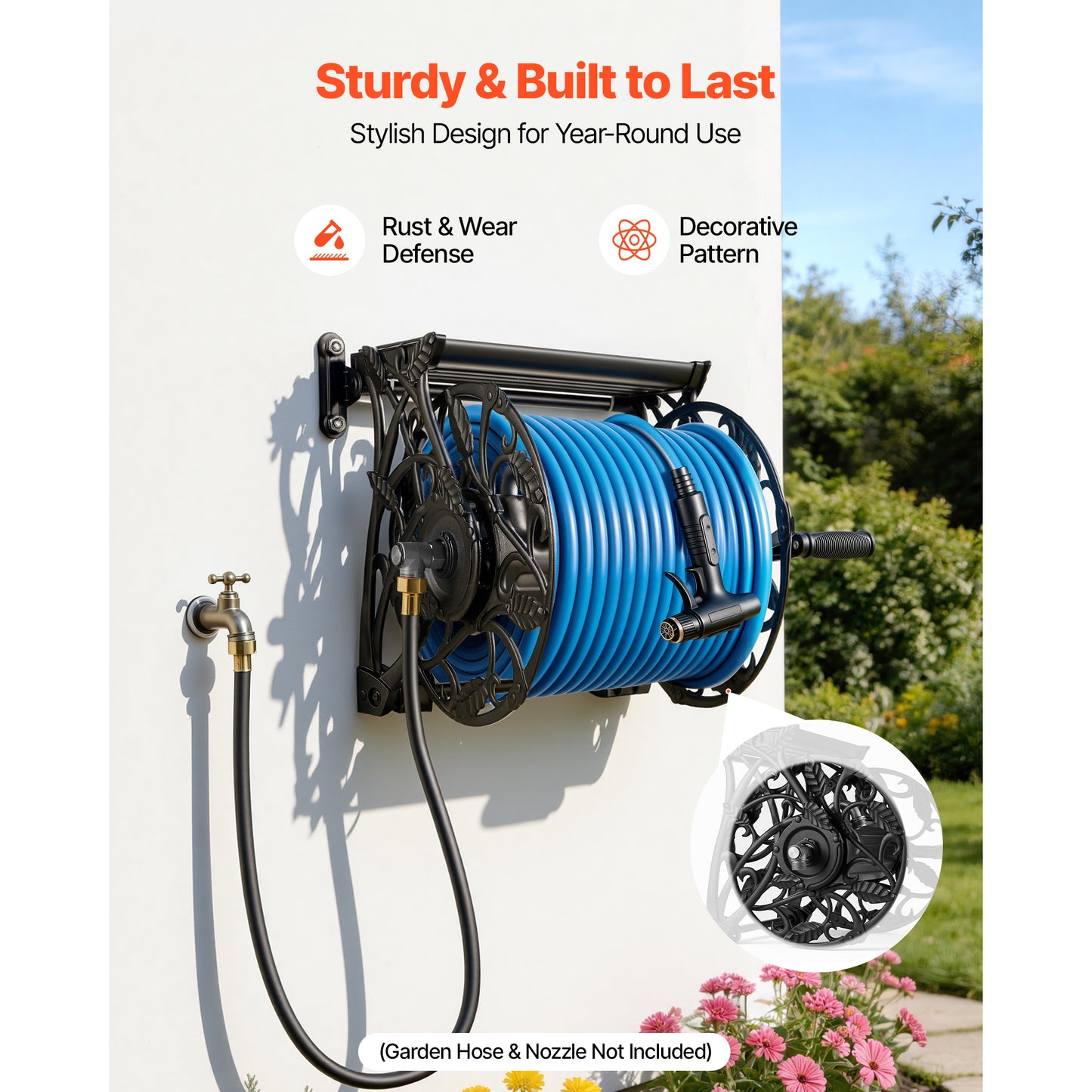 Wall Mounted Garden Hose Reel Holds 135 Feet 5/8 Inch Hose Heavy Duty Water Hose Organizer with Widened Tray
