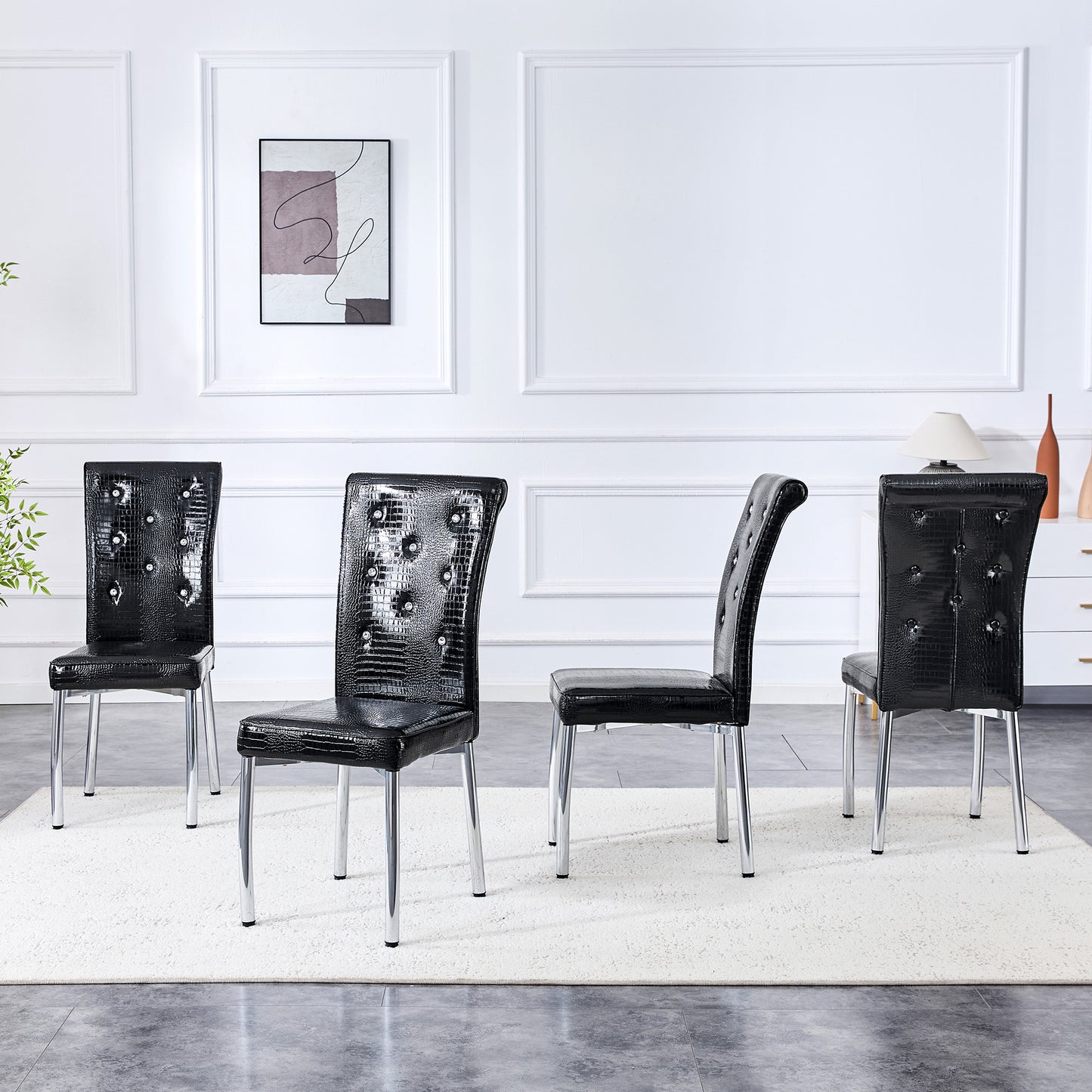 Set of 4 Retro Alligator Skin Dining Chairs with Crystal Buckle - Black