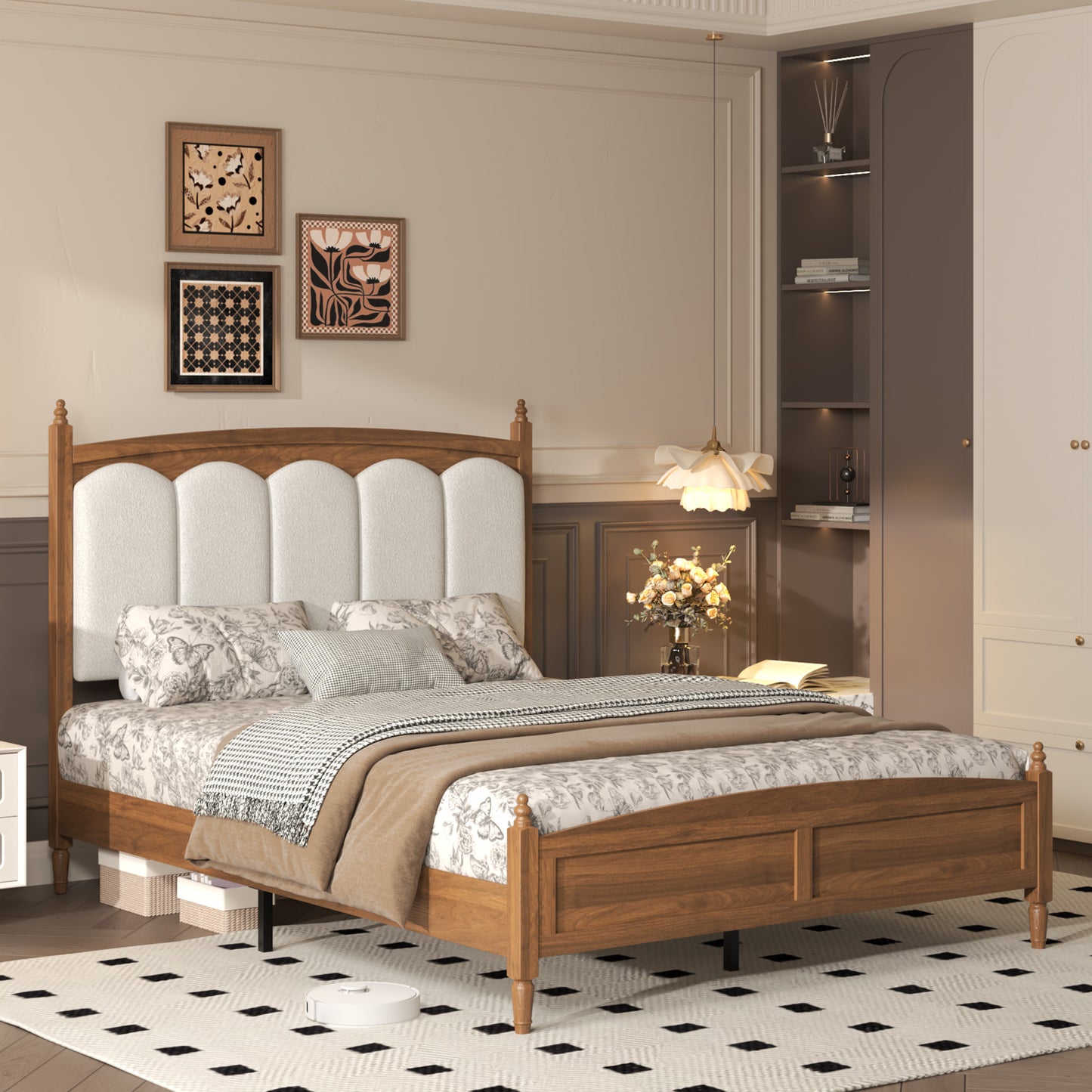 Queen Size Platform Bed Frame with Upholstered Headboard - Brown