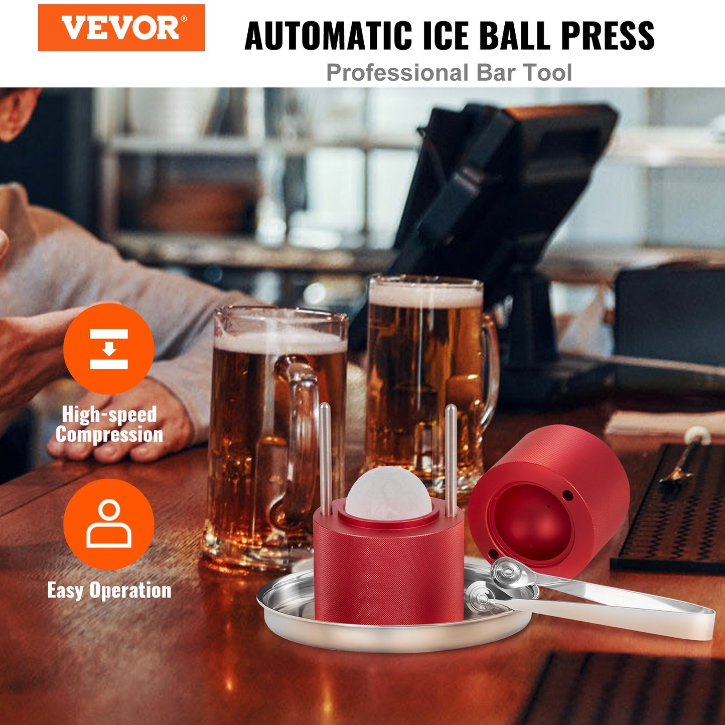 Ice Ball Press Kit - 2.4-Inch Whiskey Ice Maker with Drip Tray & Tongs - Red