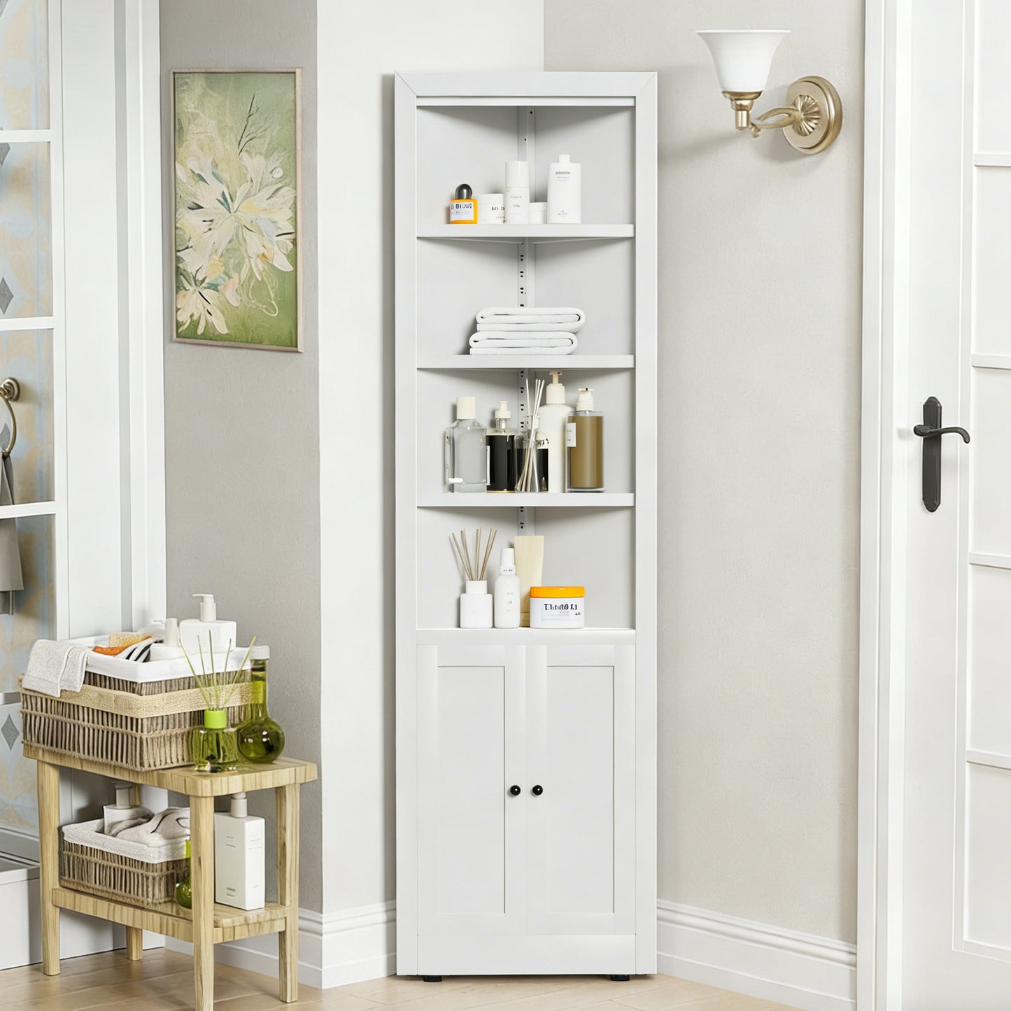 71 Tall Corner Storage Cabinet With 2 Doors, 5-Tier Metal Adjustable