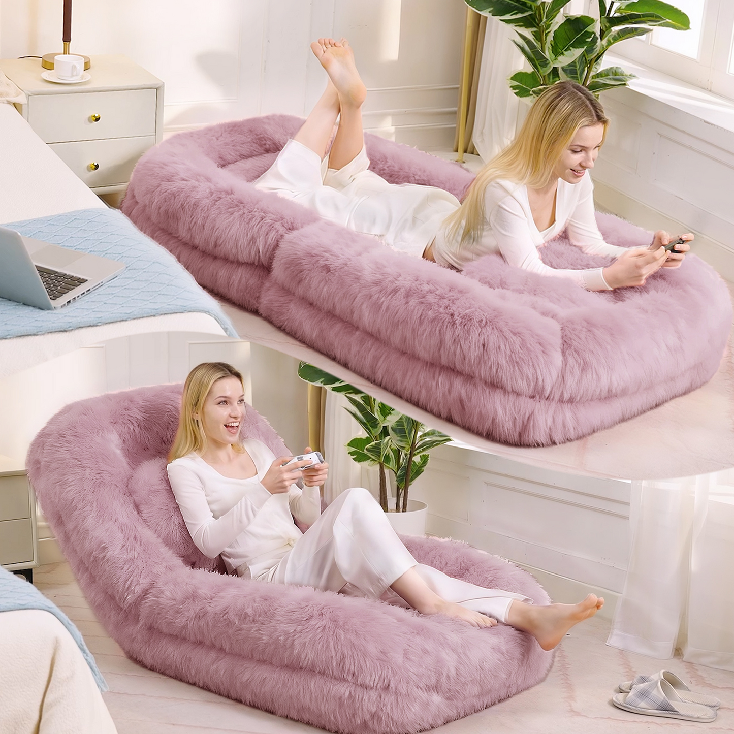 Adjustable Lazy Sofa Bed - Plush Fabric, Pink