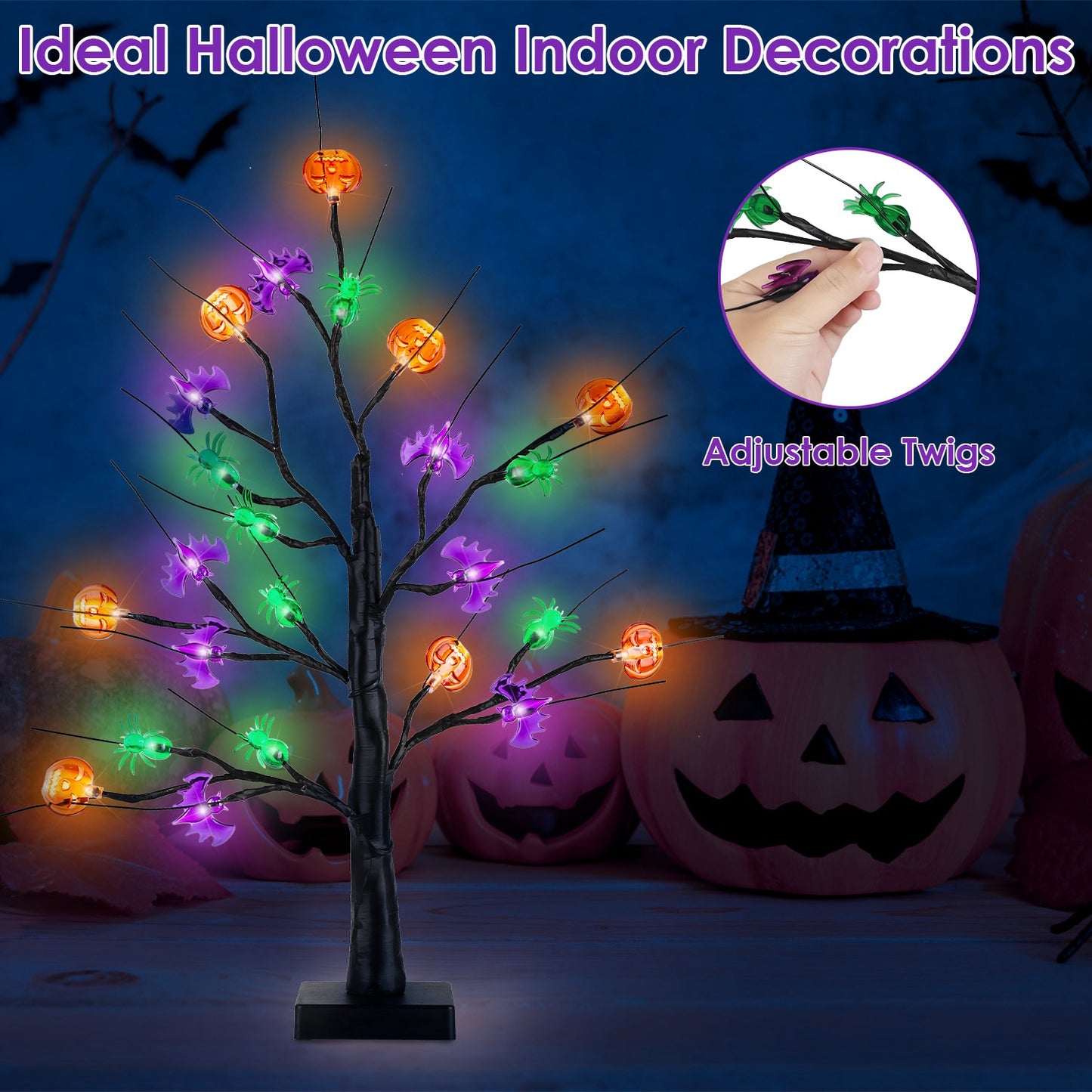 Lighted Halloween Trees - 2 Pack 1.97ft Adjustable Twigs with Timer