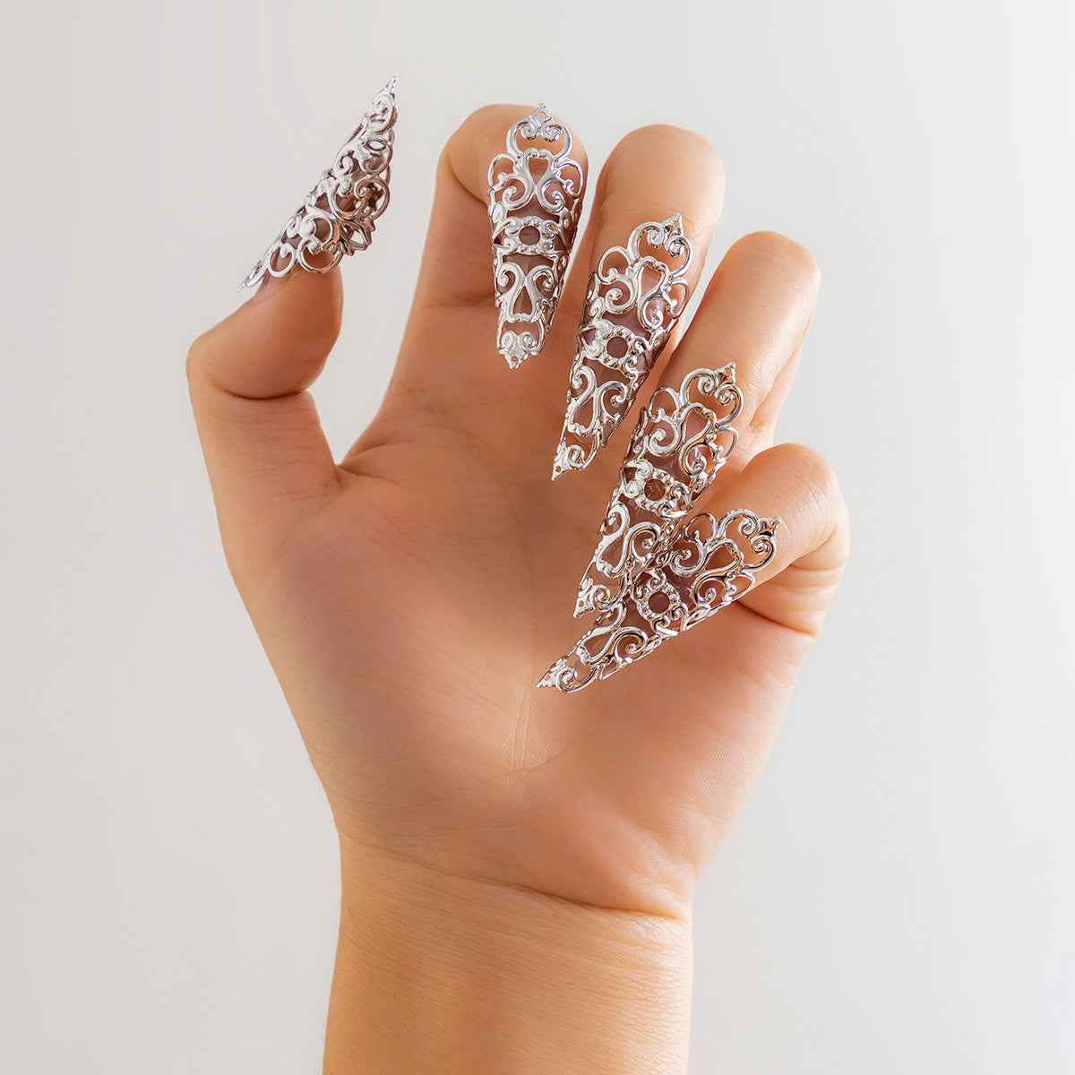 Gothic Style Hollow Tapered Fingernail Ring with Tassel and Geometric Design