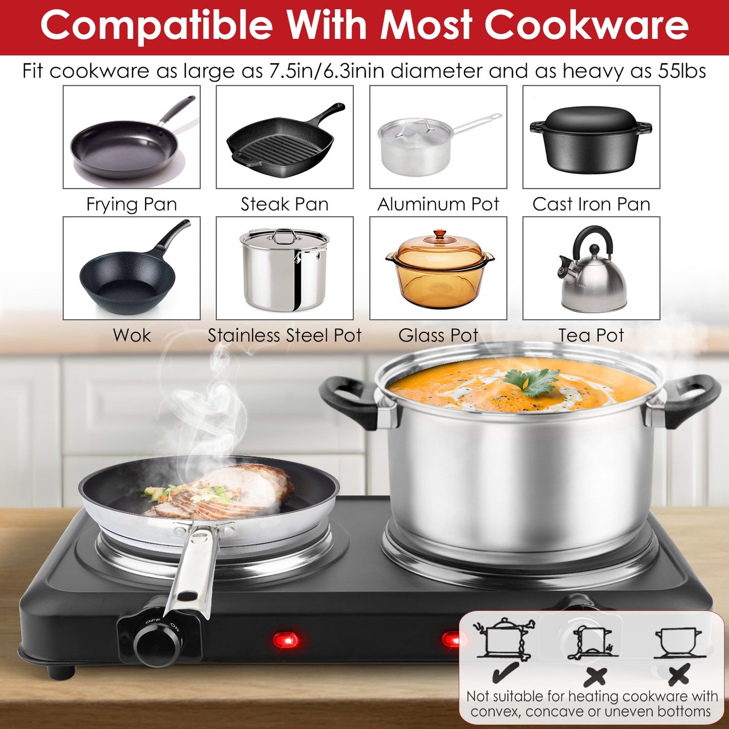 2000W Electric Infrared Dual Burner Hot Plate - Portable Cooking Stove