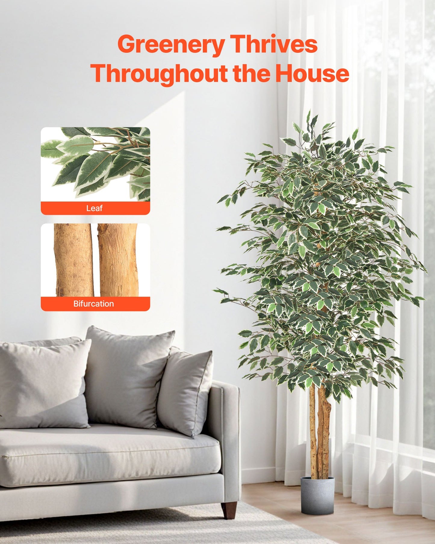 6FT Artificial Ficus Tree with Black Pot - Indoor Faux Plant Decor
