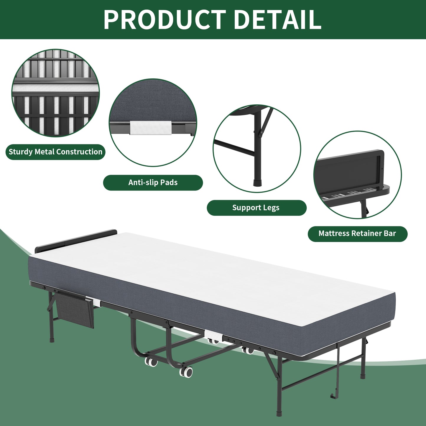 75" Folding Bed with Adjustable Headboard & 5" Memory Foam - Black