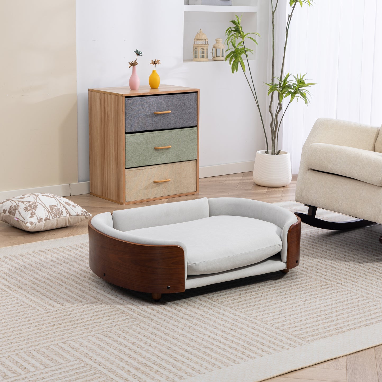 Large Elevated Dog Bed with Velvet Cushion and Solid Wood Legs - Scandinavian Style Pet Sofa