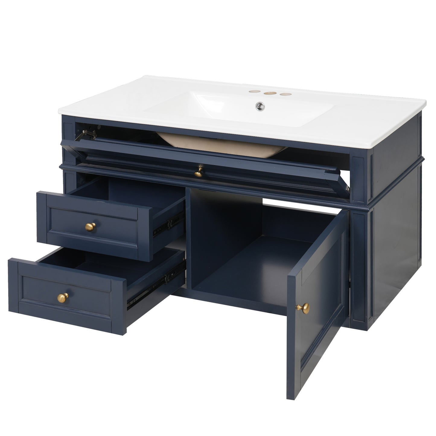 36-Inch Wall Mounted Bathroom Vanity with Ceramic Sink - Blue