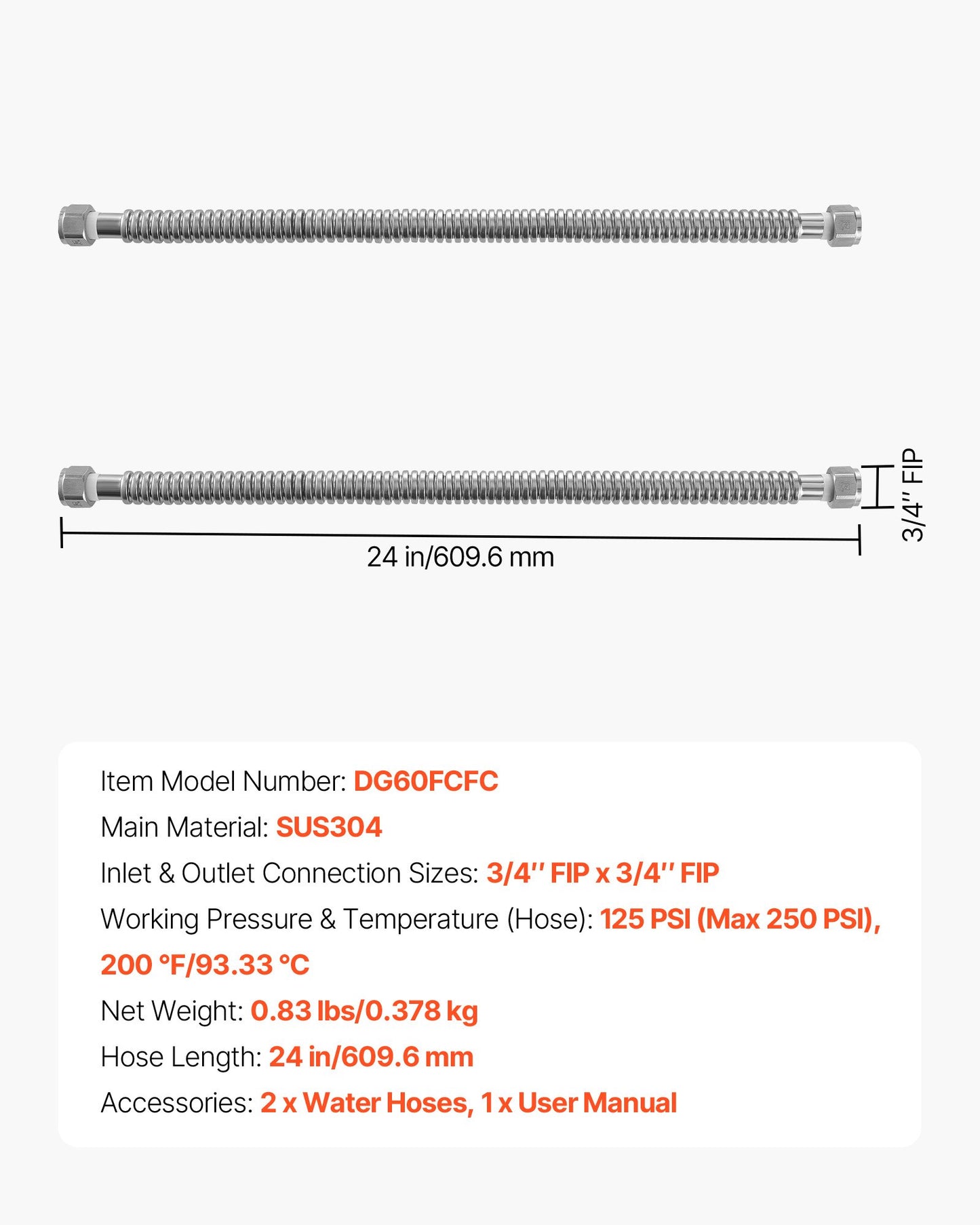 Water Heater Flex Connector Kit 24 Inch Stainless Steel Leak-Proof FIP Fittings