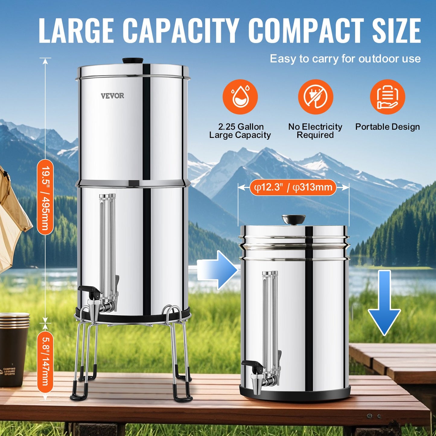 Gravity-Fed Water Filter System - Stainless Steel with 2 Filters