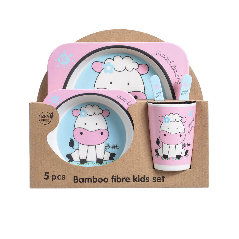 Baby Bamboo Tableware Set 5pcs - Cartoon Childrens Dinnerware for Kids