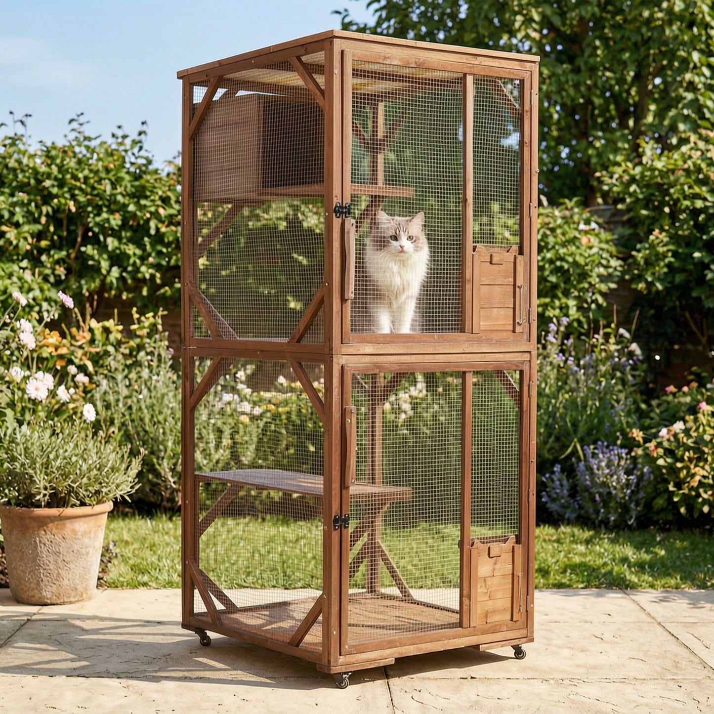Outdoor Wooden Cat Enclosure with Lockable Wheels & Multi-Level Platforms, Weatherproof Fir Cat Cage