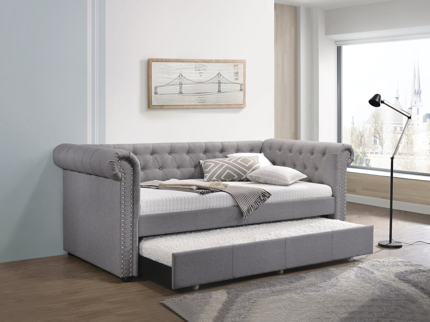 Smoke Gray Fabric Daybed with Trundle - Twin Size