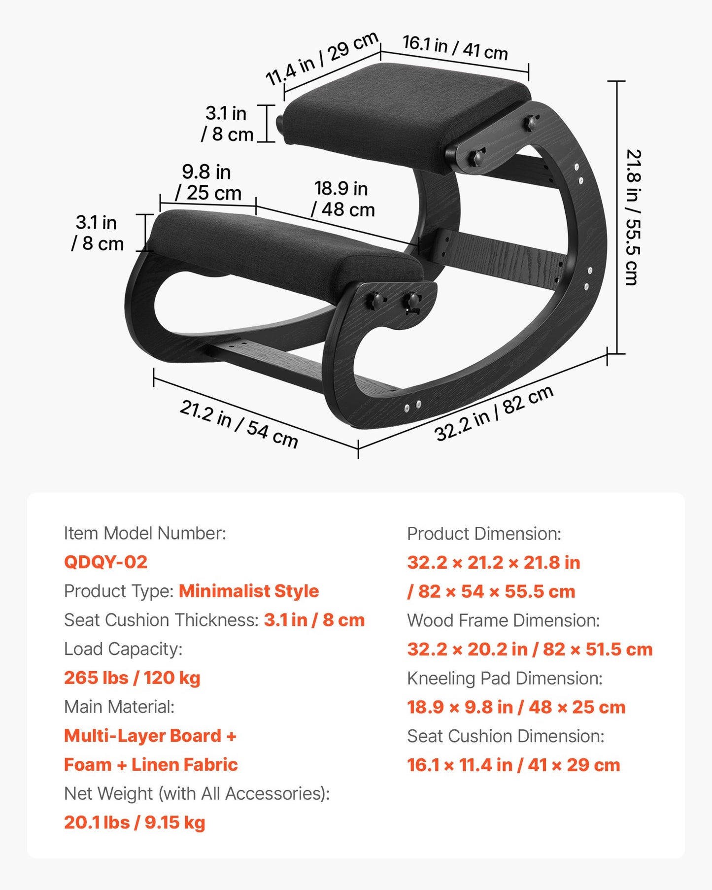 Ergonomic Kneeling Chair with Adjustable Foam Cushions and Wooden Frame - Black