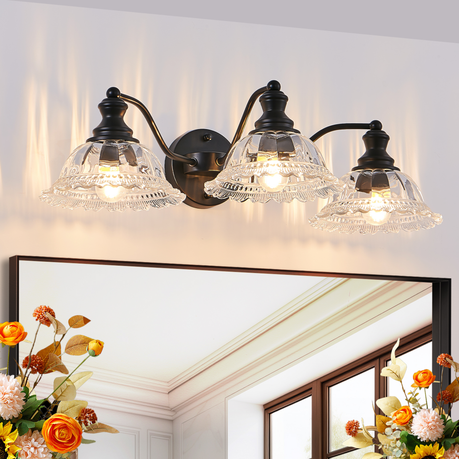 24 Inch 3-Light Vintage Bathroom Wall Sconce Black Metal Glass Vanity Light Fixture