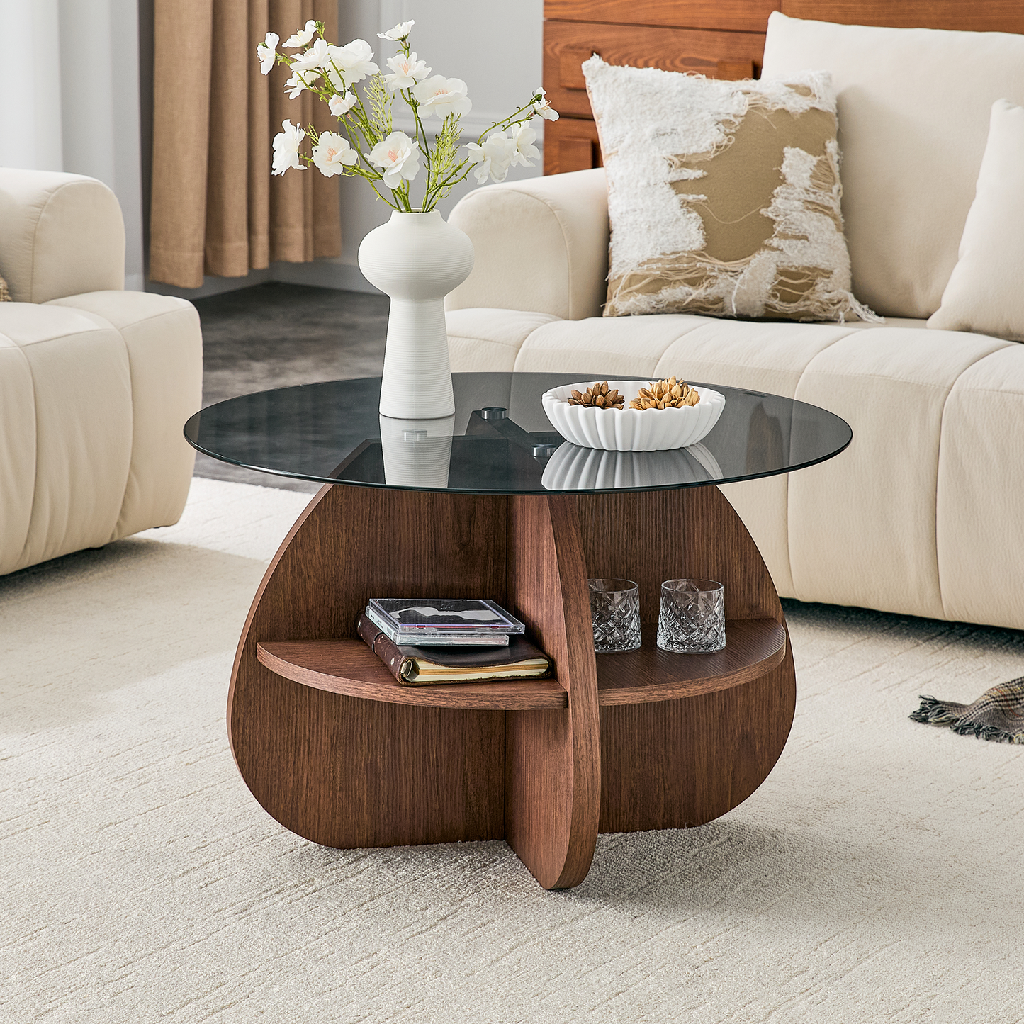Round Coffee Table with Gray Tempered Glass Top & Walnut Storage